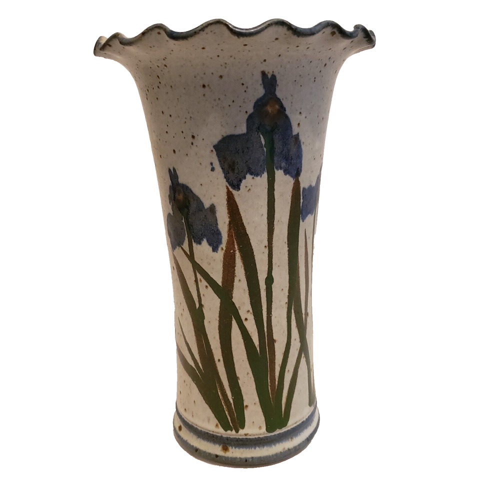 Irises on Gray 9.5" Vase Ceramic Studio Art Pottery Ruffled Edge Hand Painted